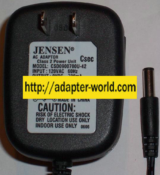 JENSEN CSD0900700U-42 AC ADAPTER 9VDC 0.7mA -( )- 2x5.5x13mm Use